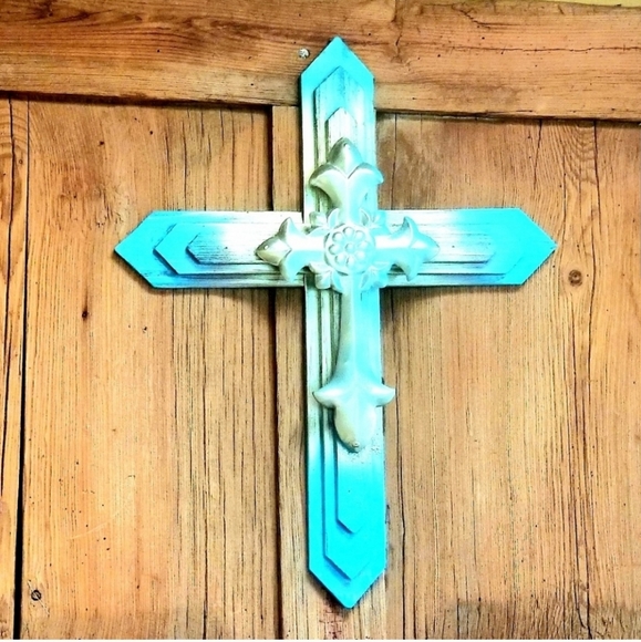 Hand-Painted Turquoise & Gold Wooden Wall Cross - Picture 3 of 5